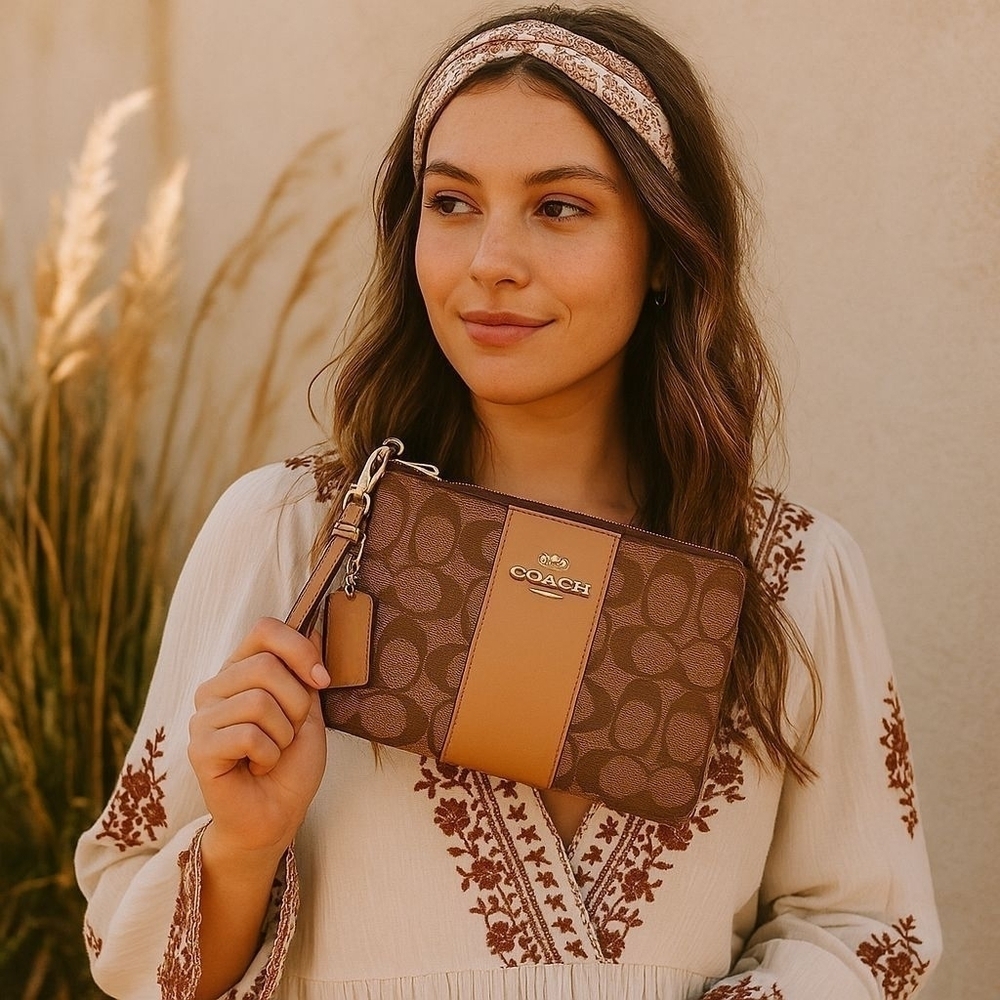 Coach Signature PVC Wristlet – Khaki/Saddle 2 – EUC